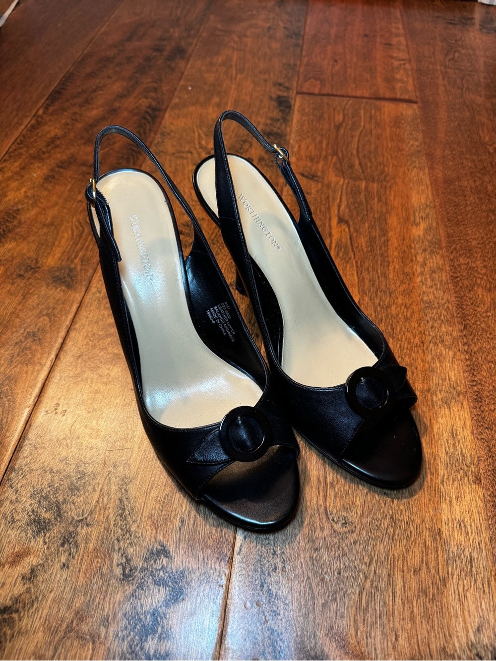 Worthington Black Open-Toe Slingback Heels with Front Buckle